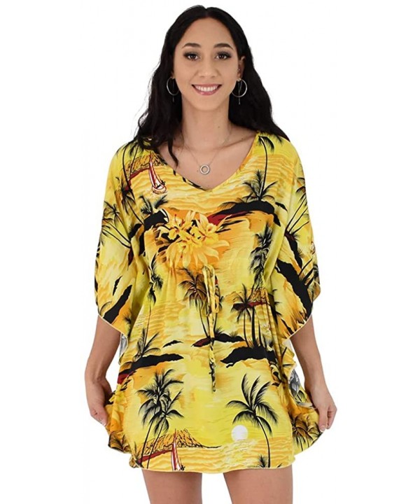 Ladies Short Kaftan Hawaiian Sunset Print Floral Beach Cover Up - Yellow - C118AQNC89L $28.49-Cover-Ups