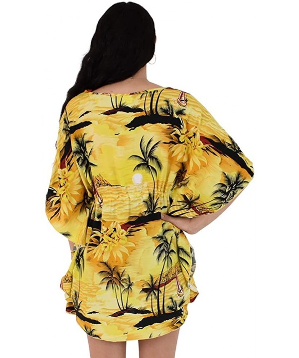 Ladies Short Kaftan Hawaiian Sunset Print Floral Beach Cover Up - Yellow - C118AQNC89L $28.49-Cover-Ups