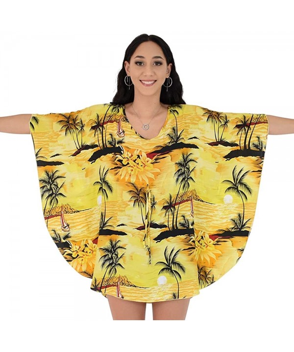 Ladies Short Kaftan Hawaiian Sunset Print Floral Beach Cover Up - Yellow - C118AQNC89L $28.49-Cover-Ups