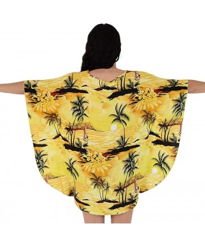 Ladies Short Kaftan Hawaiian Sunset Print Floral Beach Cover Up - Yellow - C118AQNC89L $28.49-Cover-Ups