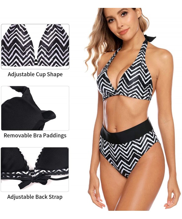 Womens High Waist Bikini Swimsuit Triangle Two Piece Padded Bathing Suit - Black/Wave Printed - CE194IU9COA $24.24-Sets