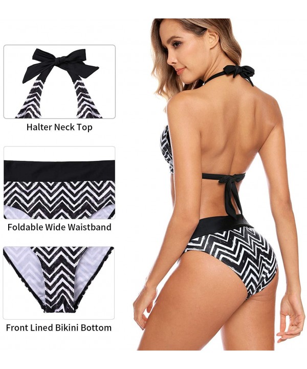 Womens High Waist Bikini Swimsuit Triangle Two Piece Padded Bathing Suit - Black/Wave Printed - CE194IU9COA $24.24-Sets