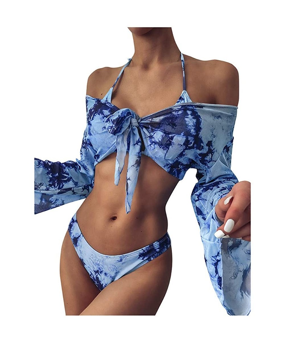 Women's Sexy Tie-Dye Print Bikini Lace Up High Cut Leg Halter Off Shoulder Long Sleeve Cove-Up - Blue - CX1905Z7LKM $25.72-Sets