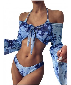 Women's Sexy Tie-Dye Print Bikini Lace Up High Cut Leg Halter Off Shoulder Long Sleeve Cove-Up - Blue - CX1905Z7LKM $25.72-Sets