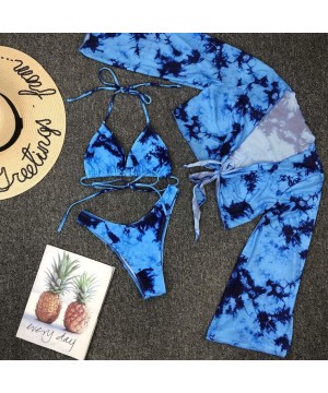 Women's Sexy Tie-Dye Print Bikini Lace Up High Cut Leg Halter Off Shoulder Long Sleeve Cove-Up - Blue - CX1905Z7LKM $25.72-Sets