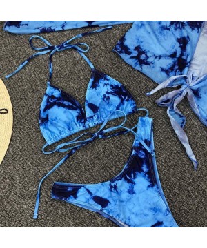 Women's Sexy Tie-Dye Print Bikini Lace Up High Cut Leg Halter Off Shoulder Long Sleeve Cove-Up - Blue - CX1905Z7LKM $25.72-Sets