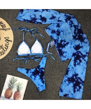 Women's Sexy Tie-Dye Print Bikini Lace Up High Cut Leg Halter Off Shoulder Long Sleeve Cove-Up - Blue - CX1905Z7LKM $25.72-Sets