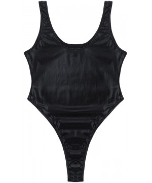 Women's Shiny Metallic Sleeveless Swimsuits High Cut Stretchy Bodysuit Bathing Suits - Black - C418SARMU4E $13.28-Racing