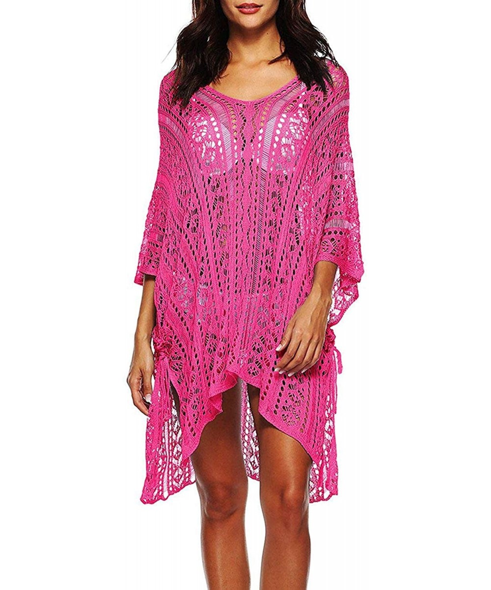 Women's Plus Size V-Neck Crochet Knitted Loose Tunic Swimsuit Cover Ups Swimwear Beach Dress - Fuchsia - C318Q5790W2 $22.24-C...