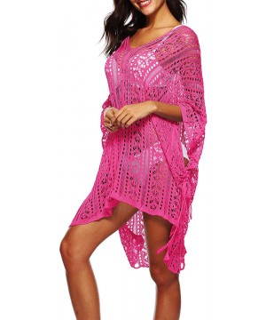 Women's Plus Size V-Neck Crochet Knitted Loose Tunic Swimsuit Cover Ups Swimwear Beach Dress - Fuchsia - C318Q5790W2 $22.24-C...