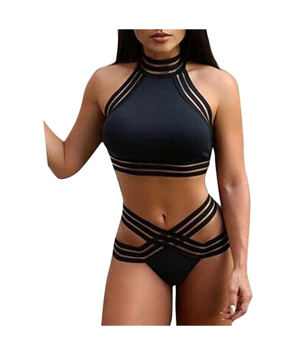 High Waisted Bikini Top Swimsuit Solid Set Push Push-up Bra Bathing Beachwear for Women - Black - CO18QKY20HU $19.11-Sets