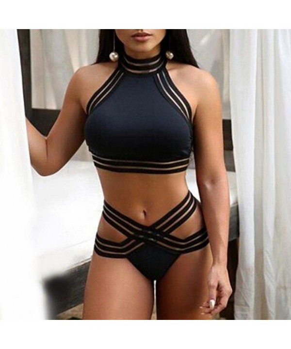 High Waisted Bikini Top Swimsuit Solid Set Push Push-up Bra Bathing Beachwear for Women - Black - CO18QKY20HU $19.11-Sets