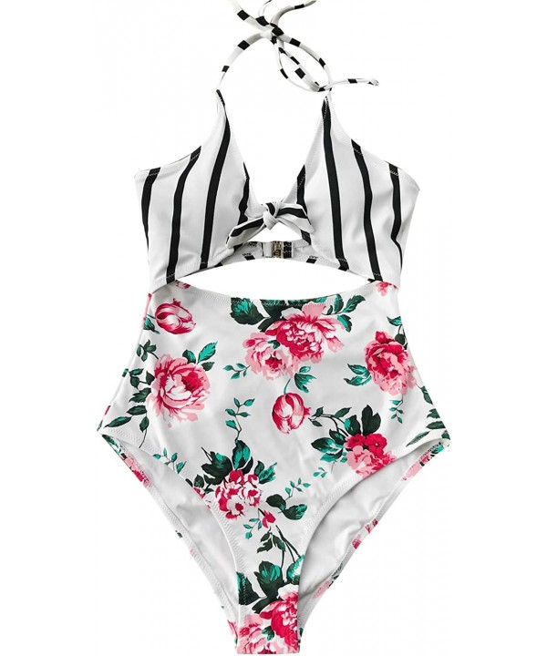 Women's Sweet Honey Bowknot One-Piece Swimsuit Beach Swimwear - Floral Print - CC18M74MMNL $30.35-One-Pieces