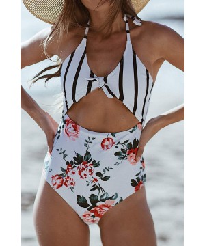 Women's Sweet Honey Bowknot One-Piece Swimsuit Beach Swimwear - Floral Print - CC18M74MMNL $30.35-One-Pieces