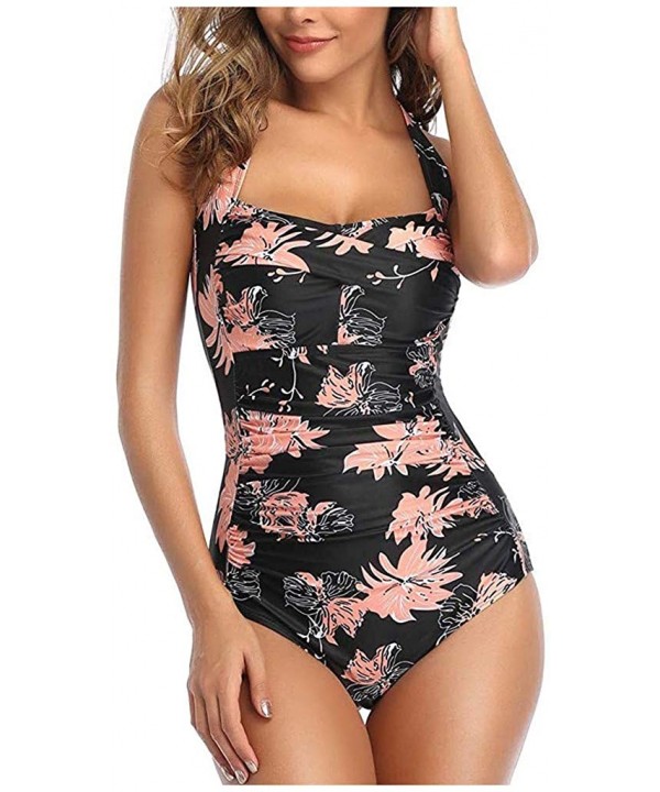 Women One Piece Swimsuit Off Shoulder Pleaed Padded Halter Bathing Suit High Cut Monokini Swimwear - Orange - CP196ELNXGN $15...