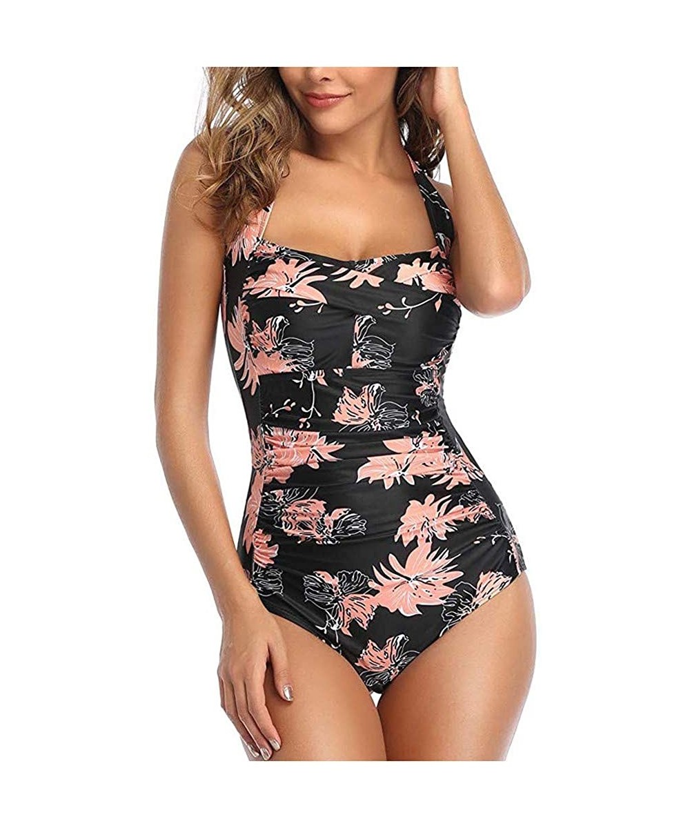 Women One Piece Swimsuit Off Shoulder Pleaed Padded Halter Bathing Suit High Cut Monokini Swimwear - Orange - CP196ELNXGN $15...