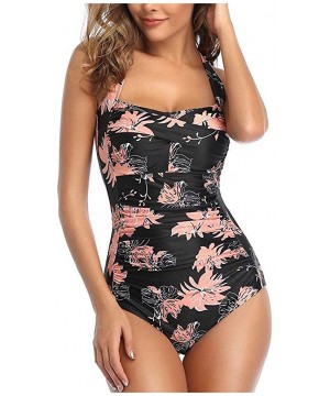 Women One Piece Swimsuit Off Shoulder Pleaed Padded Halter Bathing Suit High Cut Monokini Swimwear - Orange - CP196ELNXGN $15...