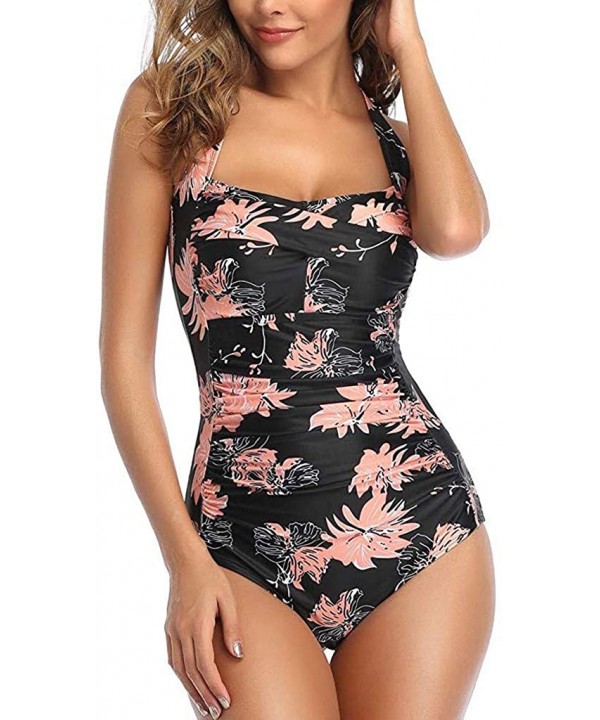 Women One Piece Swimsuit Off Shoulder Pleaed Padded Halter Bathing Suit High Cut Monokini Swimwear - Orange - CP196ELNXGN $15...