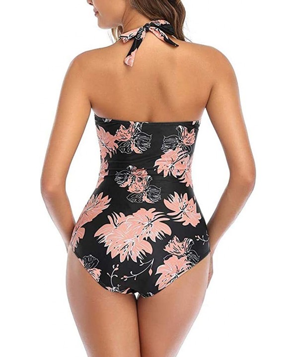 Women One Piece Swimsuit Off Shoulder Pleaed Padded Halter Bathing Suit High Cut Monokini Swimwear - Orange - CP196ELNXGN $15...