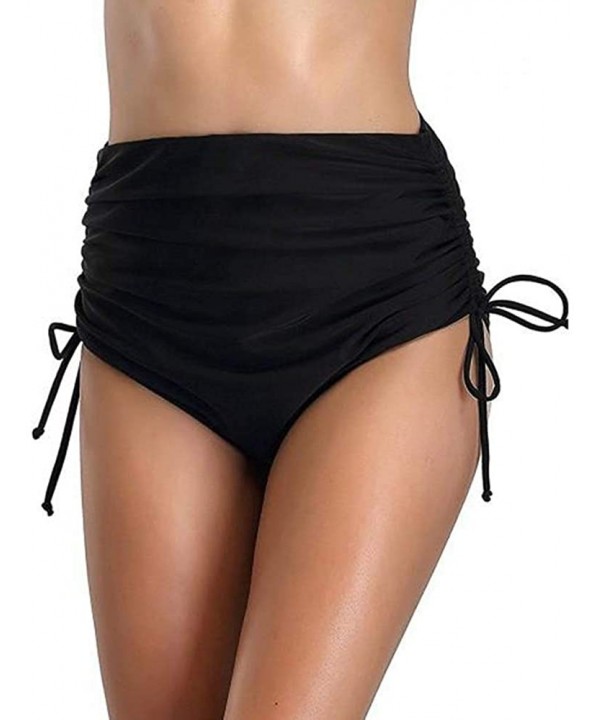 Women's Bikini Bottom Vintage Ruched Side Tie Briefs High Waisted Retro Bathing Suit Underwear Swimsuit - Black - CU198O46Y2W...