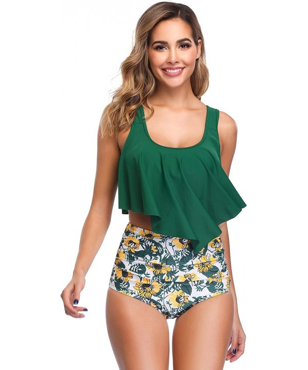 Swimsuit for Women Two Piece Bathing Suit Top Ruffled Racerback High Waisted Tankini - Green - CL18RZGL2YM $26.73-Sets