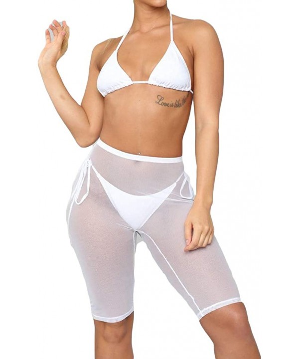 Women's See Through Sheer Mesh High Waist Wide Leg Palazzo Pants Swimsuit Bikini Bottom Cover up - White Shorts - CC18RWQGXE2...