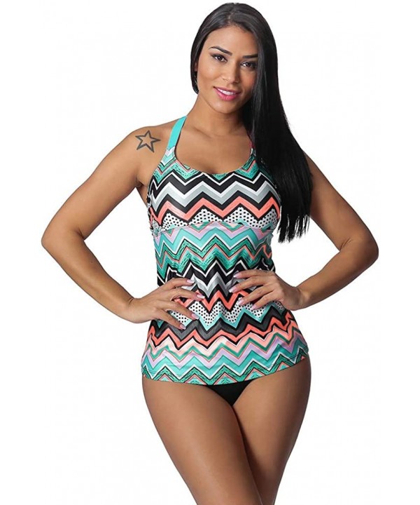 Womens Color Wave Striped Printed Strappy Racerback Tankini Swim Top Beach Surfing Two Piece Bathing Suits S 2XL Orange - CI1...