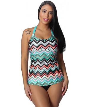 Womens Color Wave Striped Printed Strappy Racerback Tankini Swim Top Beach Surfing Two Piece Bathing Suits S 2XL Orange - CI1...