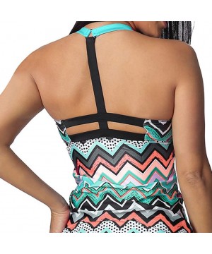 Womens Color Wave Striped Printed Strappy Racerback Tankini Swim Top Beach Surfing Two Piece Bathing Suits S 2XL Orange - CI1...