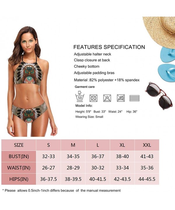 Indian Native Owl Sugar Skull Women's Beach Bikini 2 Piece Halter Neck High Waist Padded Swimsuit Tankini Set - Color1 - C219...