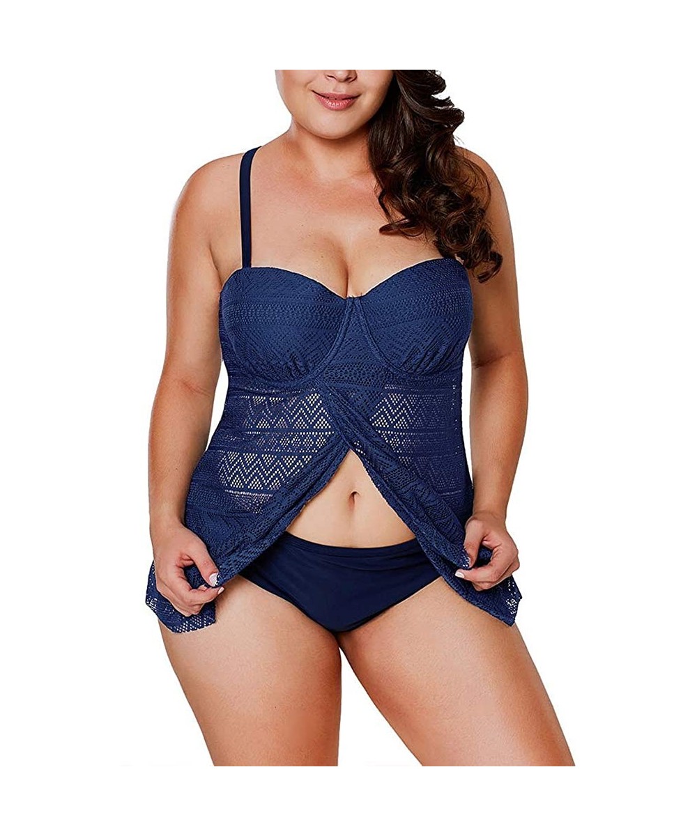 Women's Lace Tankini Set Two Pieces Mesh Bathing Suit Swimwear Swimdress - Navy Blue - CT18QGIEGXM $25.93-Sets