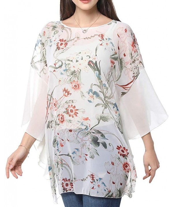 Women's Chiffon Blouse Top Floral Printed Batwing Sleeve Caftan Poncho Tunic Beach Coverup - 324 - C418ERS4326 $11.83-Cover-Ups