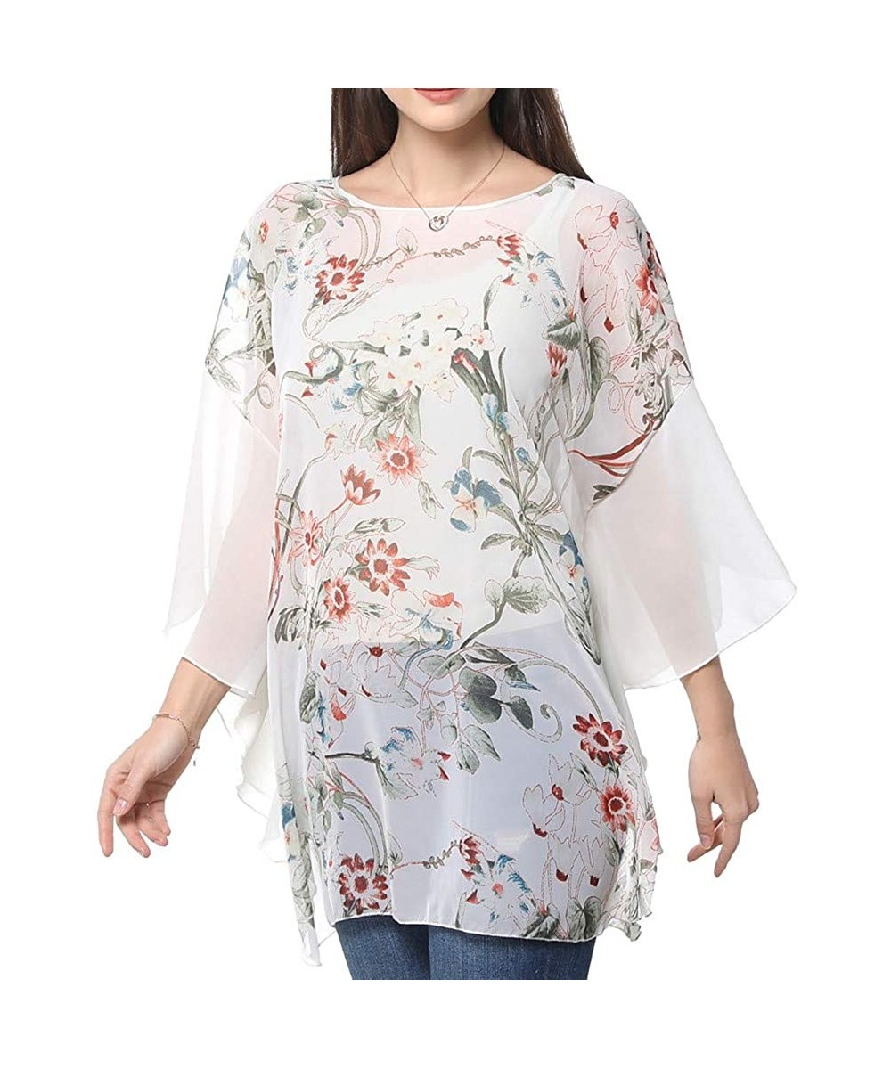 Women's Chiffon Blouse Top Floral Printed Batwing Sleeve Caftan Poncho Tunic Beach Coverup - 324 - C418ERS4326 $11.83-Cover-Ups