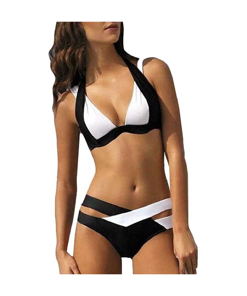 Women 2PCS Bikini Sexy Padded Push-up Thong Bandage Swimsuits Bathing Set - Black - CL18GE2SO9S $13.16-Sets