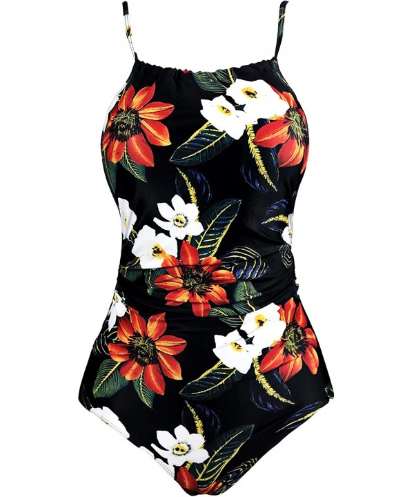 Retro Women Floral One Piece Chic Swimwear Monokinis Swimsuit - Red - C918UZ6EUXM $20.63-One-Pieces