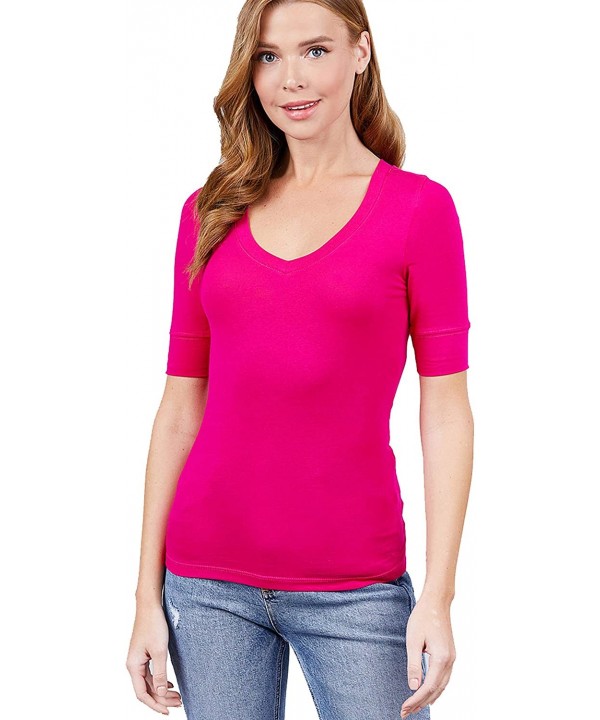 Women's Plain Basic Elbow Length Sleeves V Neck Top Fitted Shirt - Hotpink - C811TTYHZOT $7.95-Tankinis