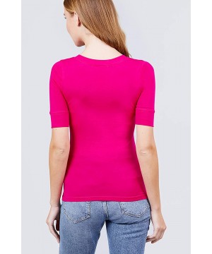 Women's Plain Basic Elbow Length Sleeves V Neck Top Fitted Shirt - Hotpink - C811TTYHZOT $7.95-Tankinis