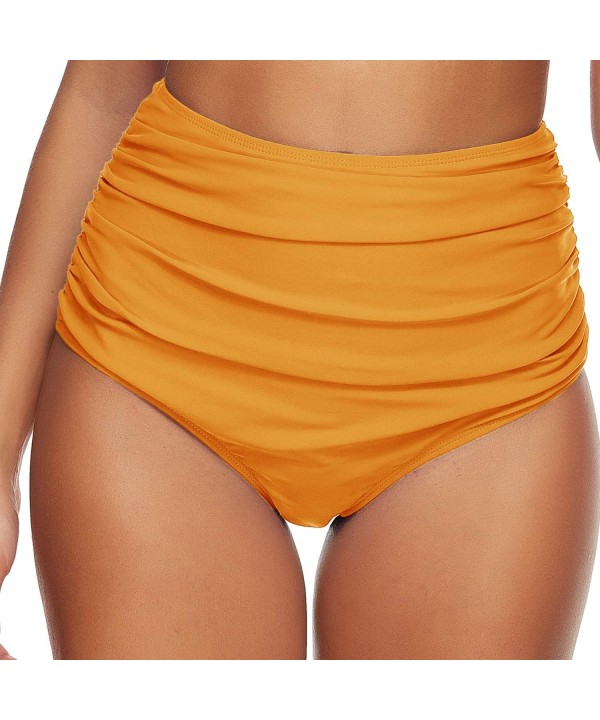 Women Vintage High Waist Bikini Bottom Ruched Tummy Control Swim Bottoms - Yellow - C8192E5INOZ $13.20-Bottoms