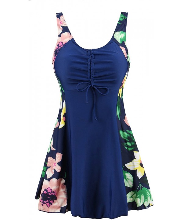 Women's Plus Size One Piece Swimdress Skirted Swimsuit Bathing Suits - Navy/Lily - CD17AA8OSIC $27.20-One-Pieces