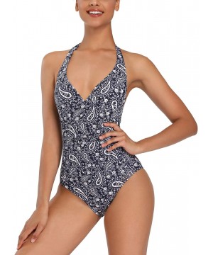 Women's One Piece Athletic Swimsuit with Adjustable Strap Ruched Haltter Swimwear Bathing Suit Coverups A paisley - C91976Z65...