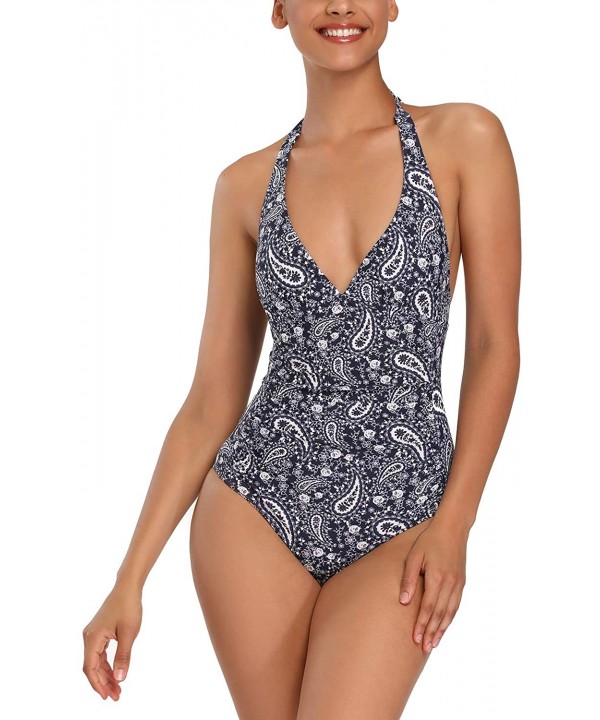 Women's One Piece Athletic Swimsuit with Adjustable Strap Ruched Haltter Swimwear Bathing Suit Coverups A paisley - C91976Z65...