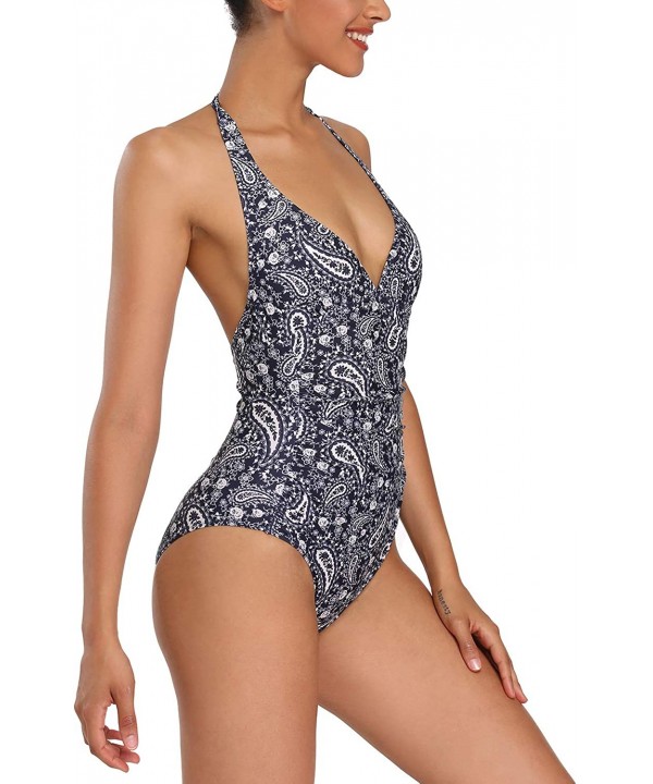 Women's One Piece Athletic Swimsuit with Adjustable Strap Ruched Haltter Swimwear Bathing Suit Coverups A paisley - C91976Z65...