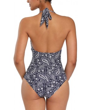 Women's One Piece Athletic Swimsuit with Adjustable Strap Ruched Haltter Swimwear Bathing Suit Coverups A paisley - C91976Z65...