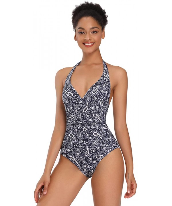 Women's One Piece Athletic Swimsuit with Adjustable Strap Ruched Haltter Swimwear Bathing Suit Coverups A paisley - C91976Z65...