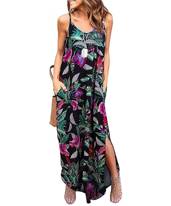 Women's Summer Casual Loose Long Maxi Beach Cover Up Cami Dress with Pockets - Black Leaves - C718SKI45EW $19.93-Cover-Ups