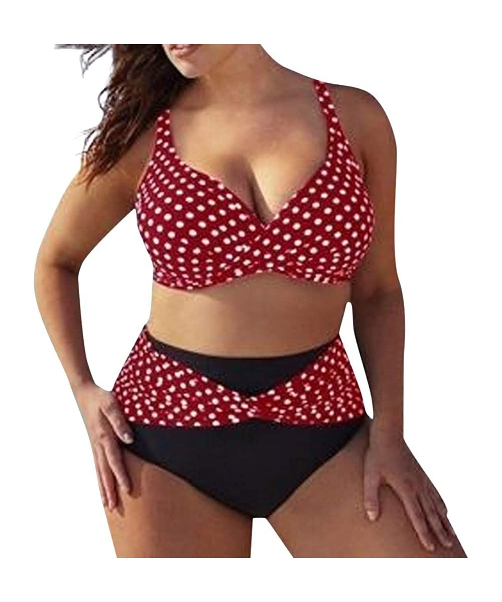 Plus Size Swimsuits for Women Two Piece Tummy Control High Waisted Ploka Dot Bathing Suits Tankini Bikini Set Red - C81947YGE...