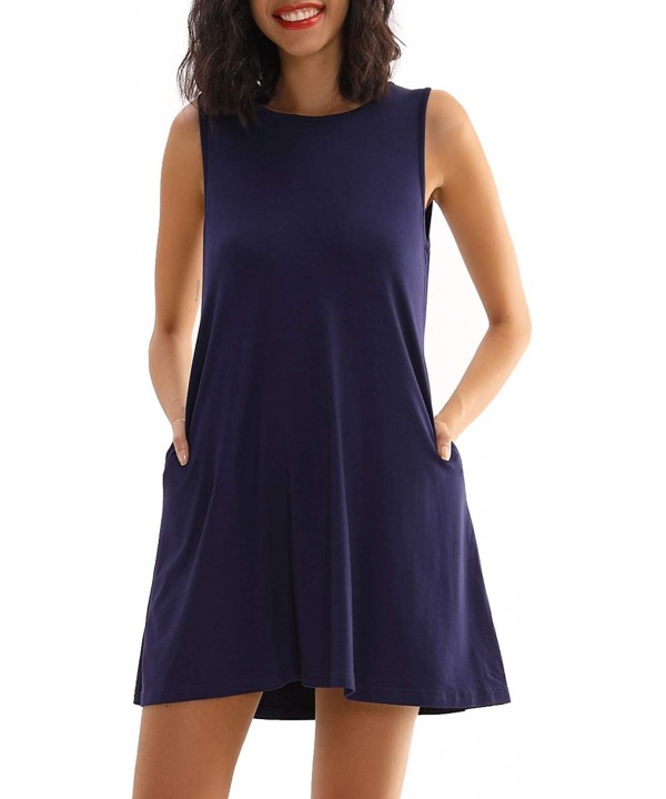 Women's Sleeveless Casual Swing T-Shirt Dress Beach Cover Up Plain Tank Dress with Pockets - Round Neck-navy Blue - CH18XW8NN...