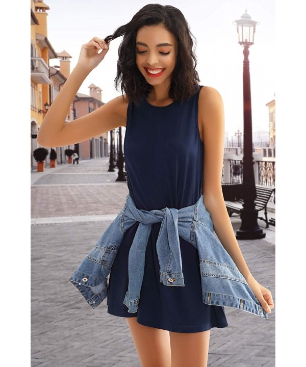 Women's Sleeveless Casual Swing T-Shirt Dress Beach Cover Up Plain Tank Dress with Pockets - Round Neck-navy Blue - CH18XW8NN...