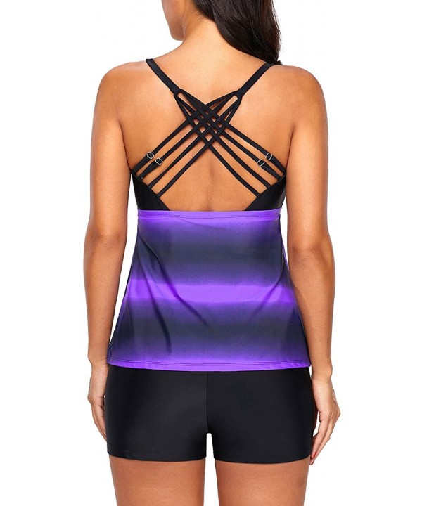 Women's Two Piece Printed Tie Side Tankini Tops Skirted Bottom Swimsuit Set(S-XXXL) - Y Colorblock Strip-purple - CV18CXE0AM0...