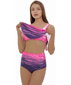 Womens Two Piece Swimsuit Ruffle Flounce Bikini Top with Ruched High Waisted Bottom Tummy Control Tankini Set - Purple Print ...